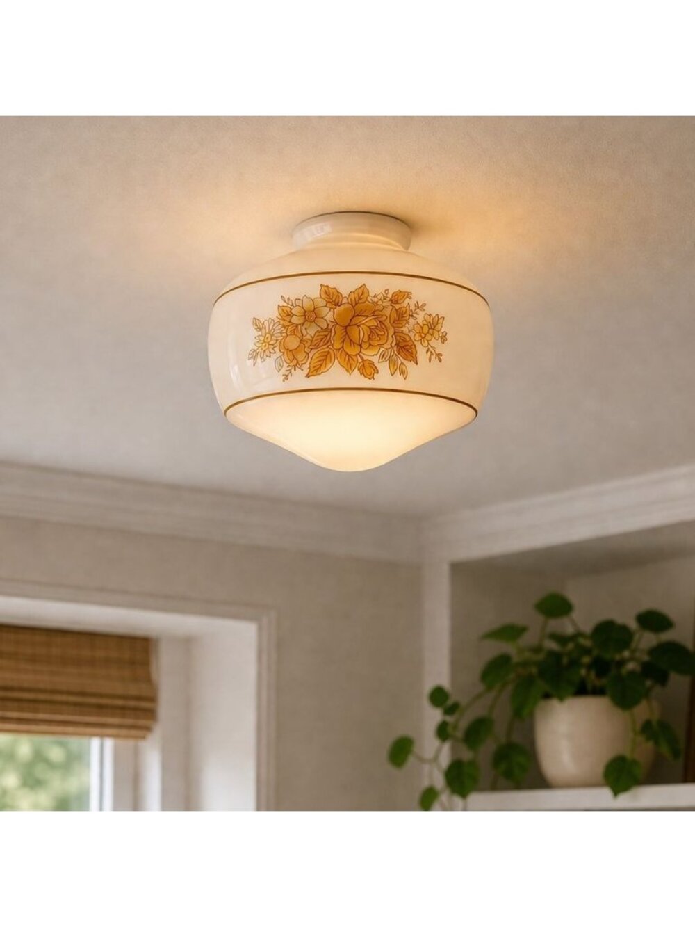 Milk Glass Ceiling Light Shade Floral Flush VTG Mount Globe 1970s Replacement
